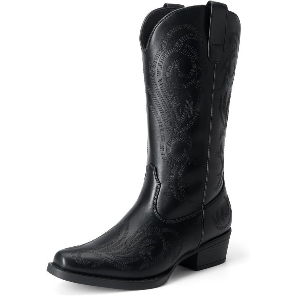 Dream Pairs Women's All Black Mid Calf Cowgirl Boot Square Toe Chunky Heel Shoes
